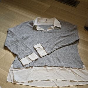 French Laundry Gray Knit V-Neck Sweater with White Shirt Layer
